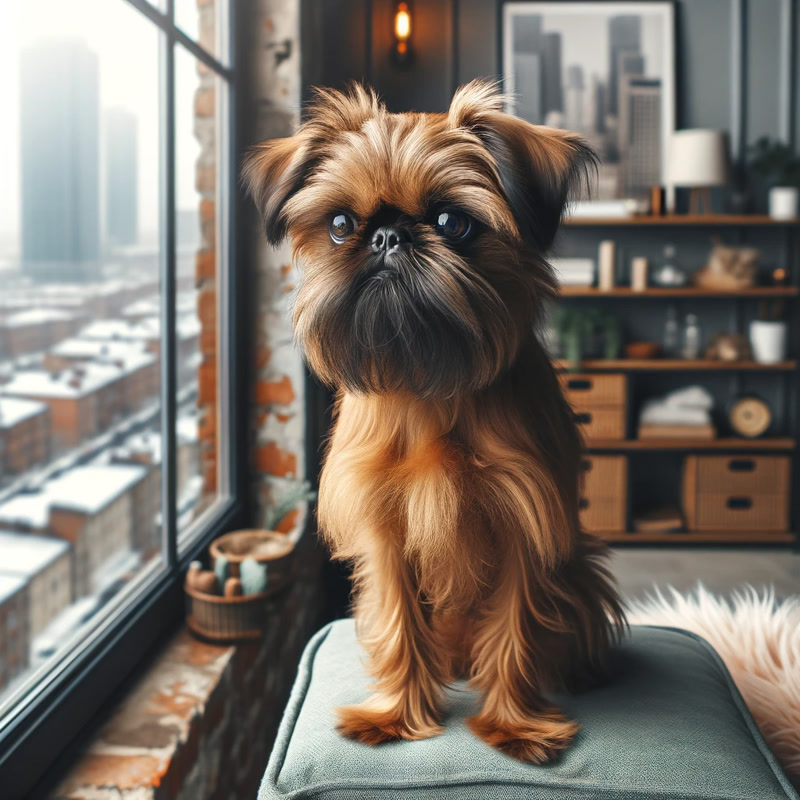A Brussels Griffon attentively sitting by the window