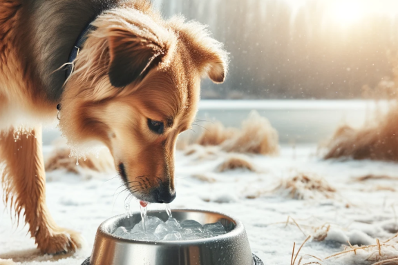 A dog drinking water from a bowl after a walk in a snowy landscape