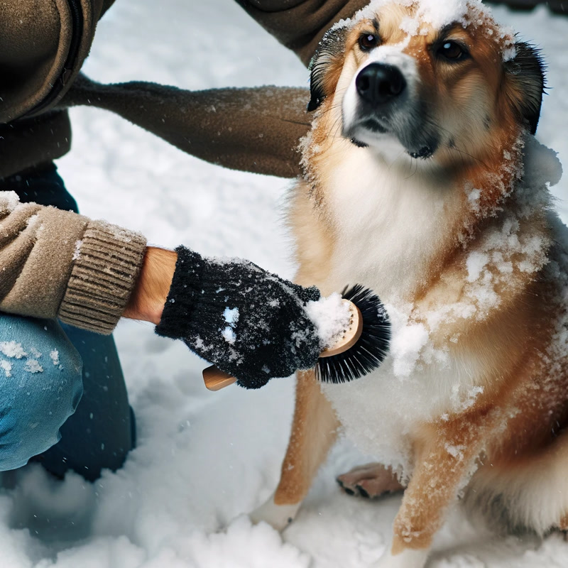 A dog owner carefully brushing snow off their dogs coat focusing on removing small ice particles