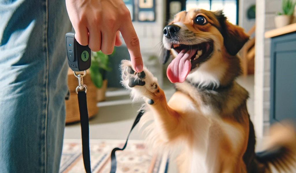 A dog pressing a Walk button with excitement
