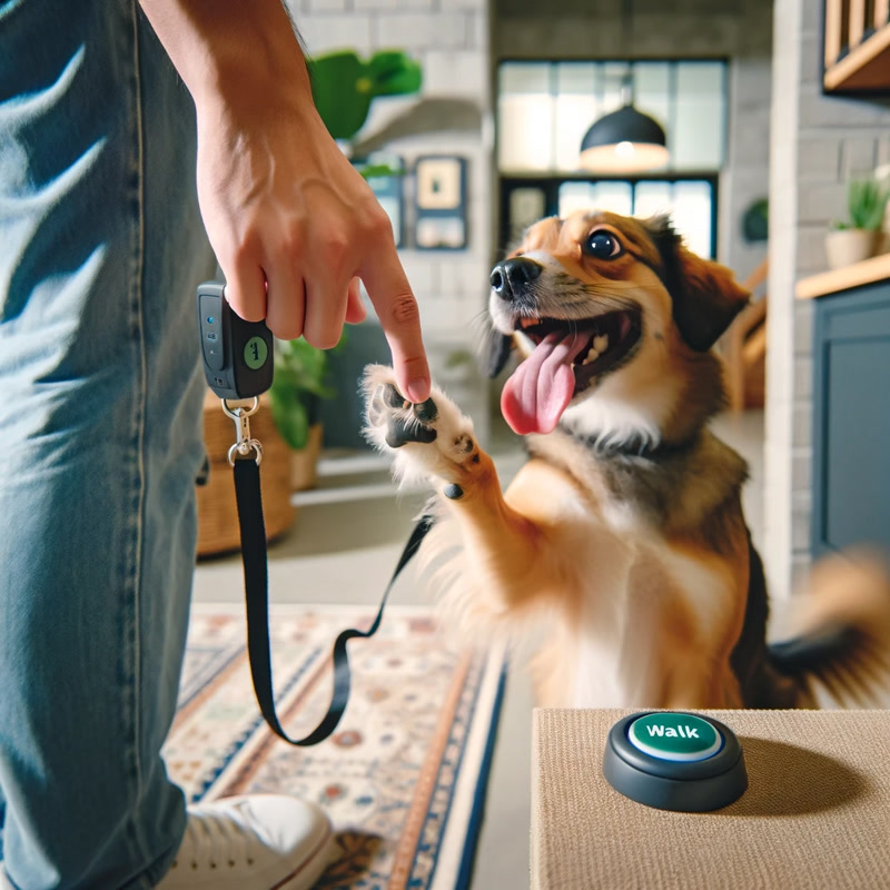 A dog pressing a Walk button with