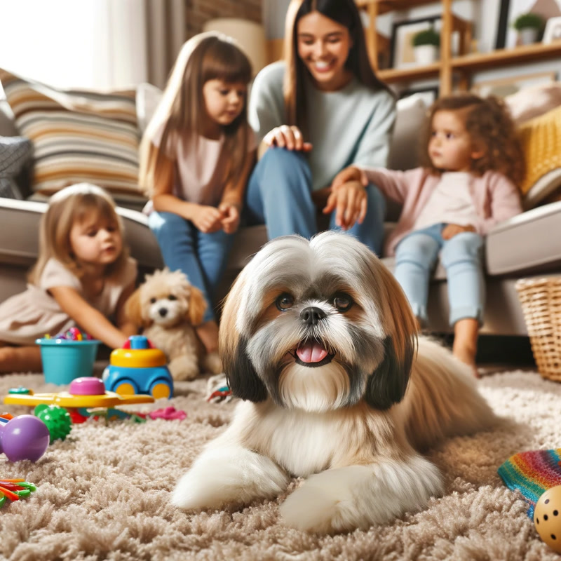A friendly Shih Tzu lounging on a familys