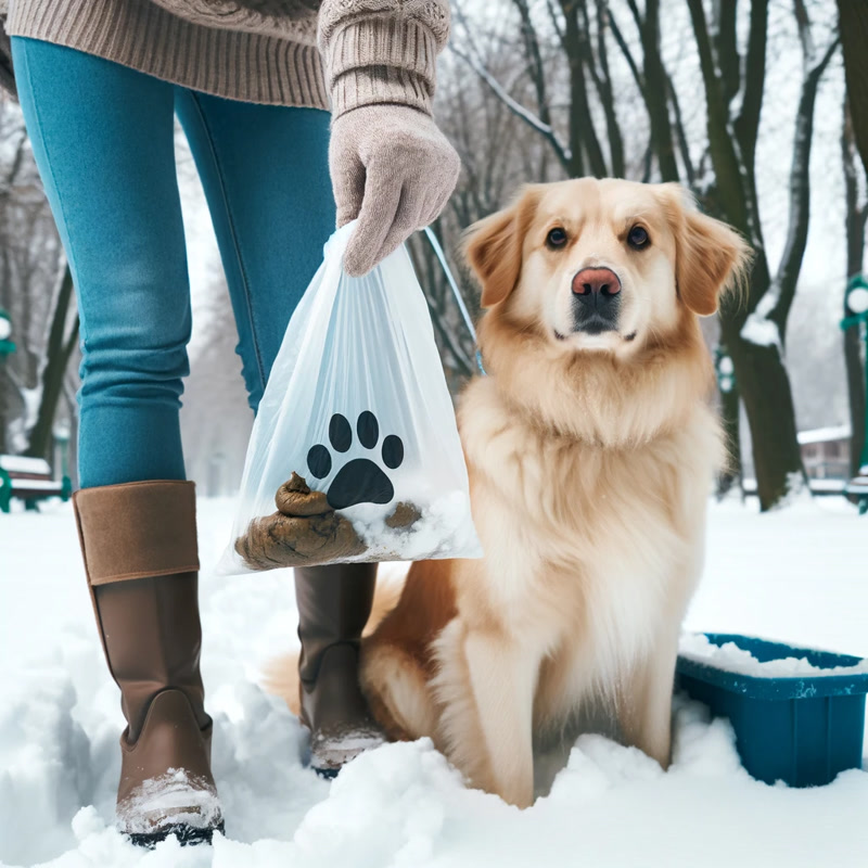 A responsible dog owner using a poop bag to clean up after their dog in a snowy park