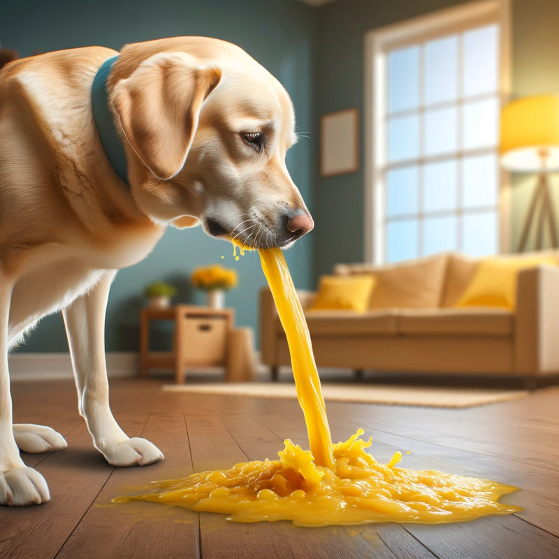 A sensitive and informative image depicting a dog in the act of vomiting yellow bile