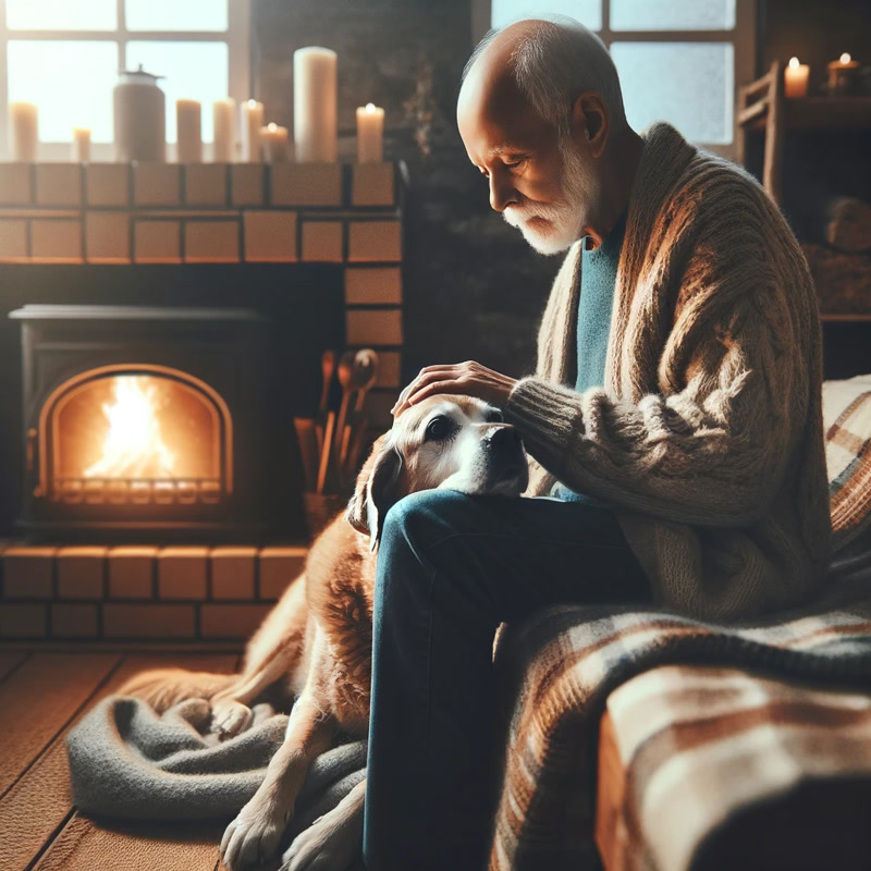 A serene image of an elderly person sitting by a fireplace