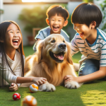 DALL·E 2023 12 14 10.10.46 A Golden Retriever enjoying a playful moment with children illustrating its friendly and devoted nature. The scene is set in a sunny backyard with gr