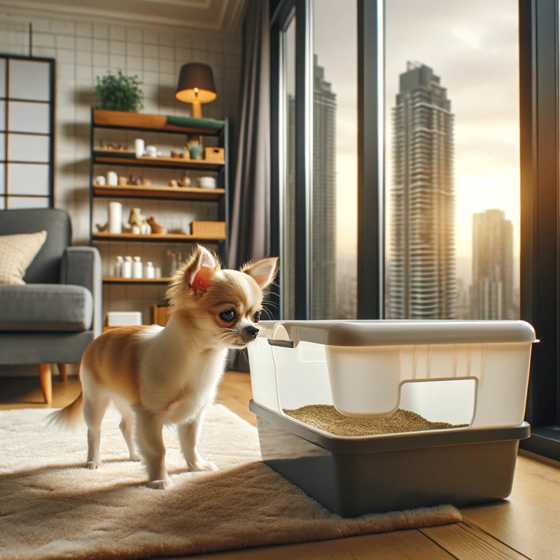 Dog Exploring a Litter Box in an Apartment Setting