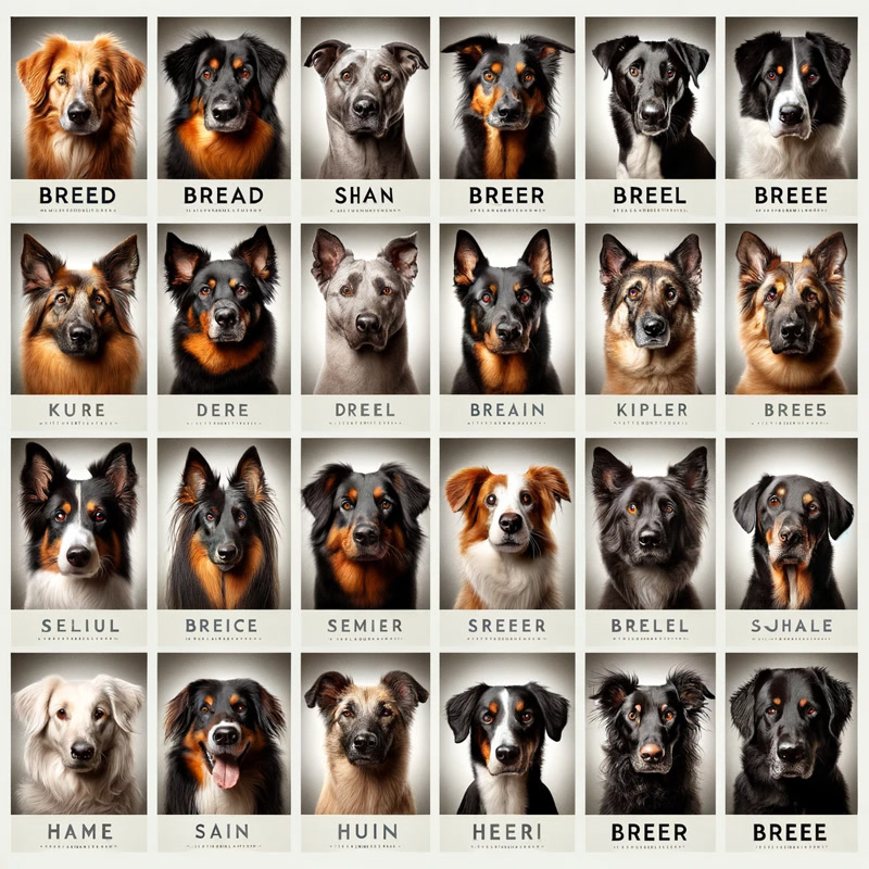 Portraits of different dog breeds