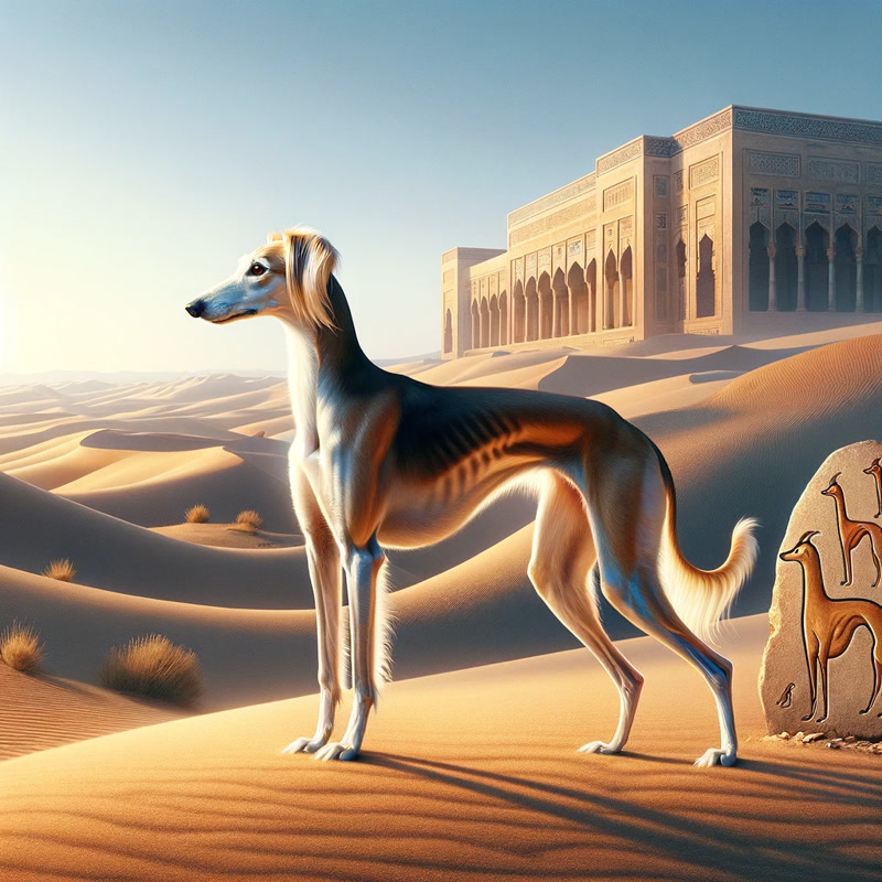 Saluki in a desert with Middle Eastern