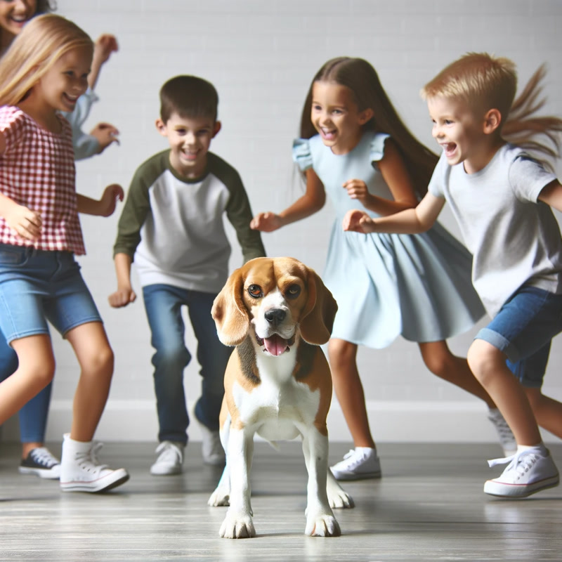 The Beagle in a playful stance surrounded by children