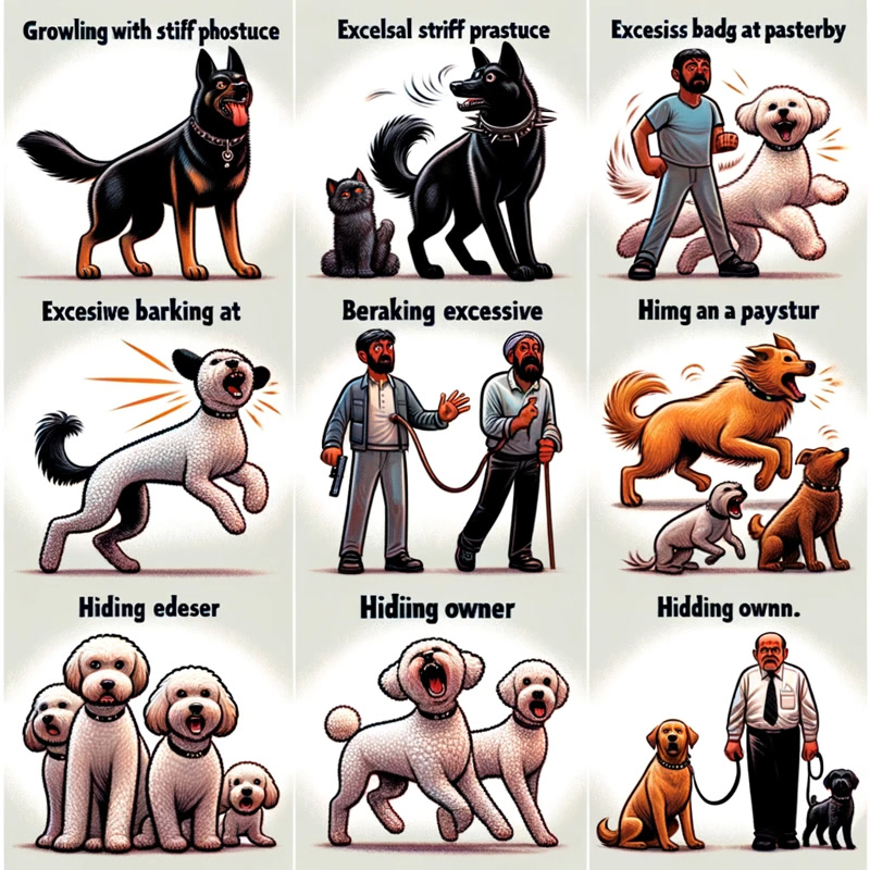 Various dogs displaying different behaviors