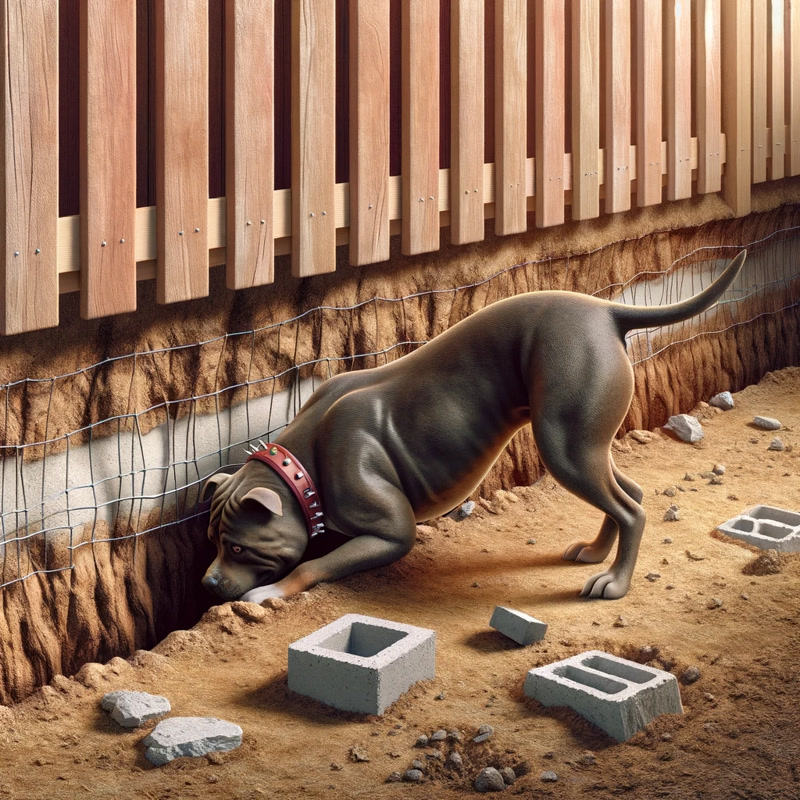 A Pitbull digging near a fence with a concrete barrier underneath
