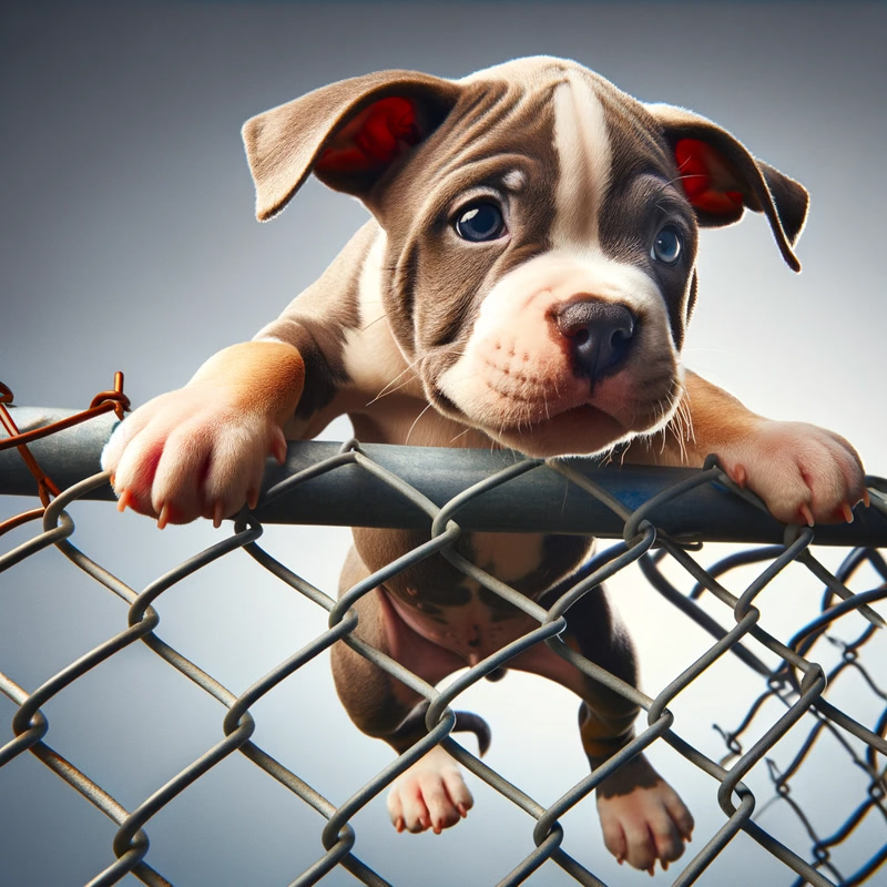 A Pitbull puppy attempting to climb a chain link fence
