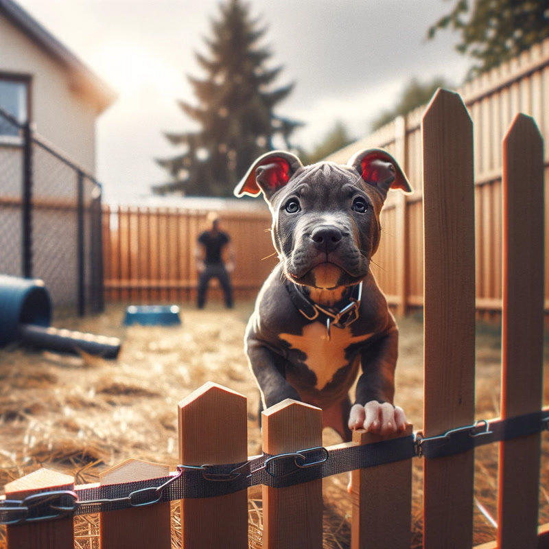 A Pitbull puppy in a training session in a secure yard