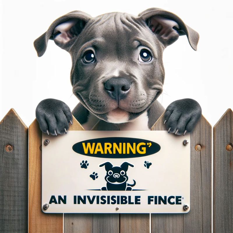A Pitbull puppy looking curiously at an Invisible Fence warning sign