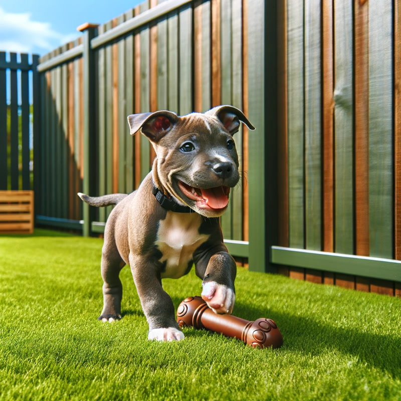 A Pitbull puppy playing joyfully in a well secured backyard
