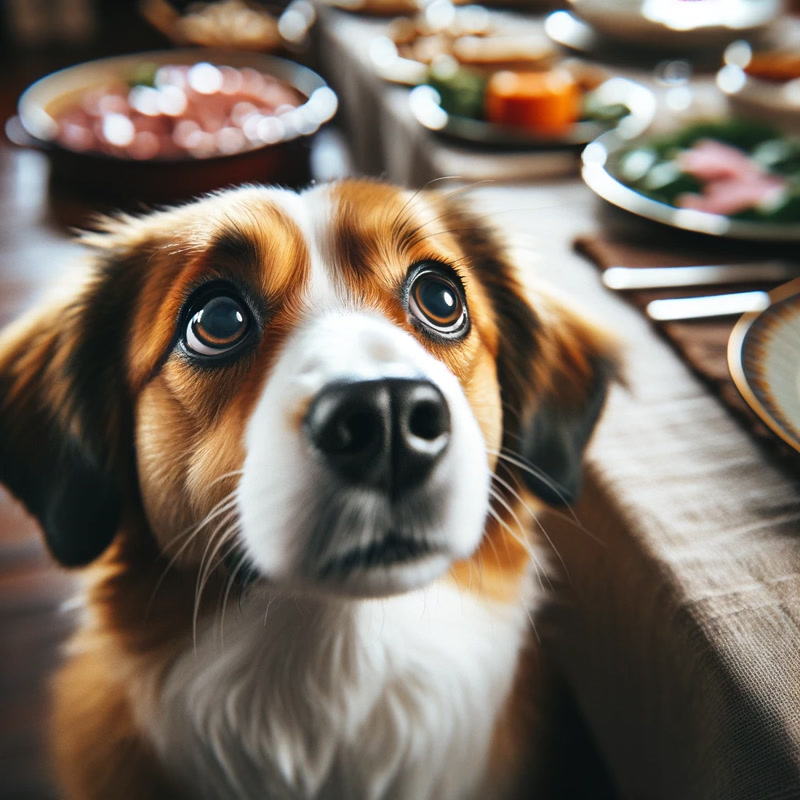 A close up of a dog displaying pleading puppy eyes looking up at a dinner table