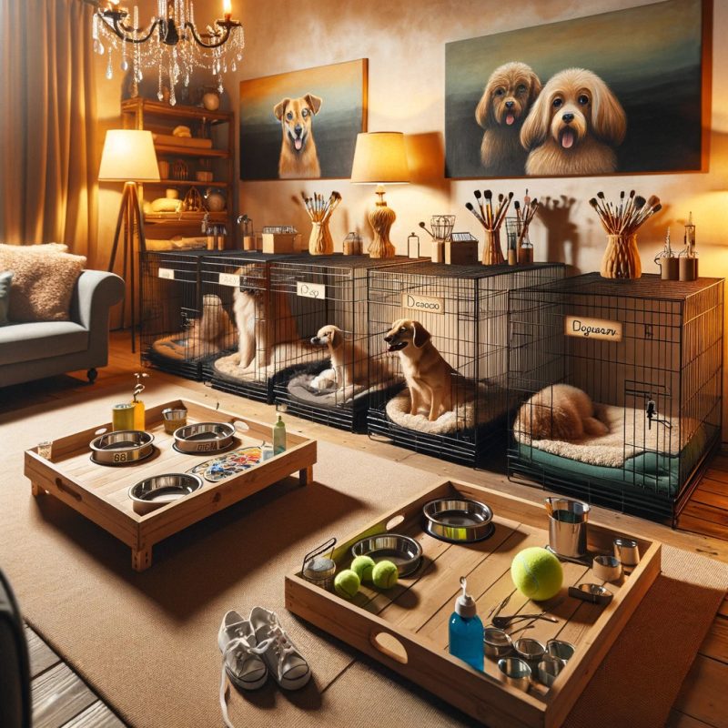 A cozy living room scene with multiple dog crates