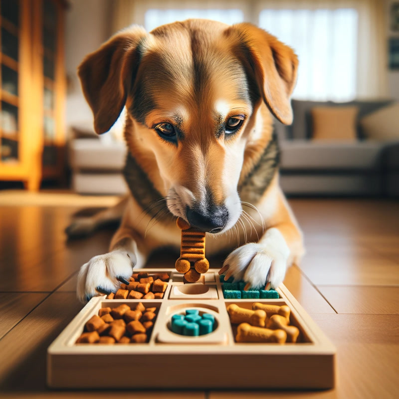 A dog distracted and content with a puzzle feeder or chew toy
