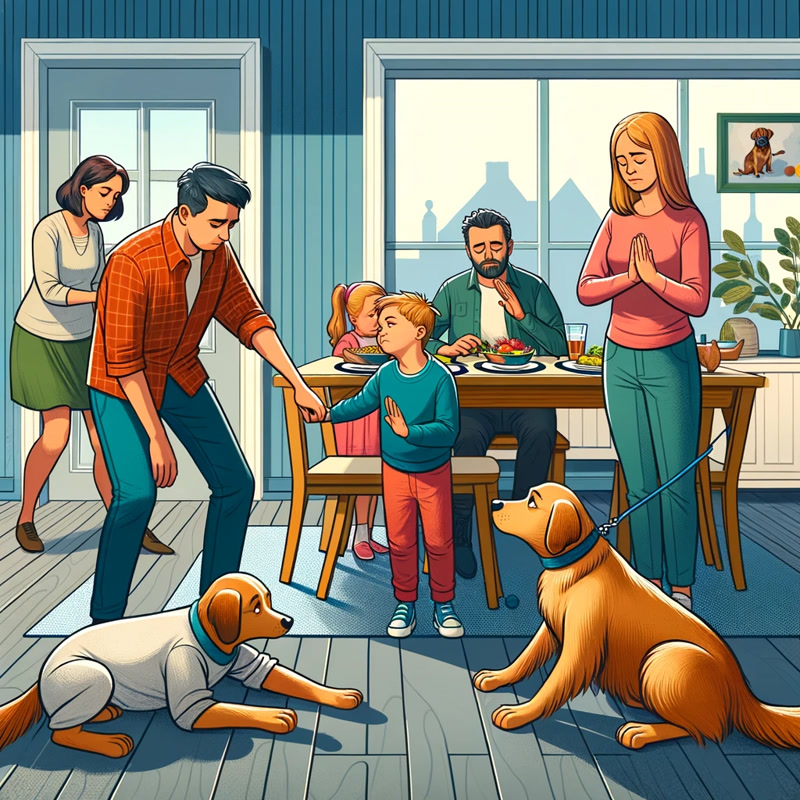 A family collectively ignoring or guiding a dog away from begging