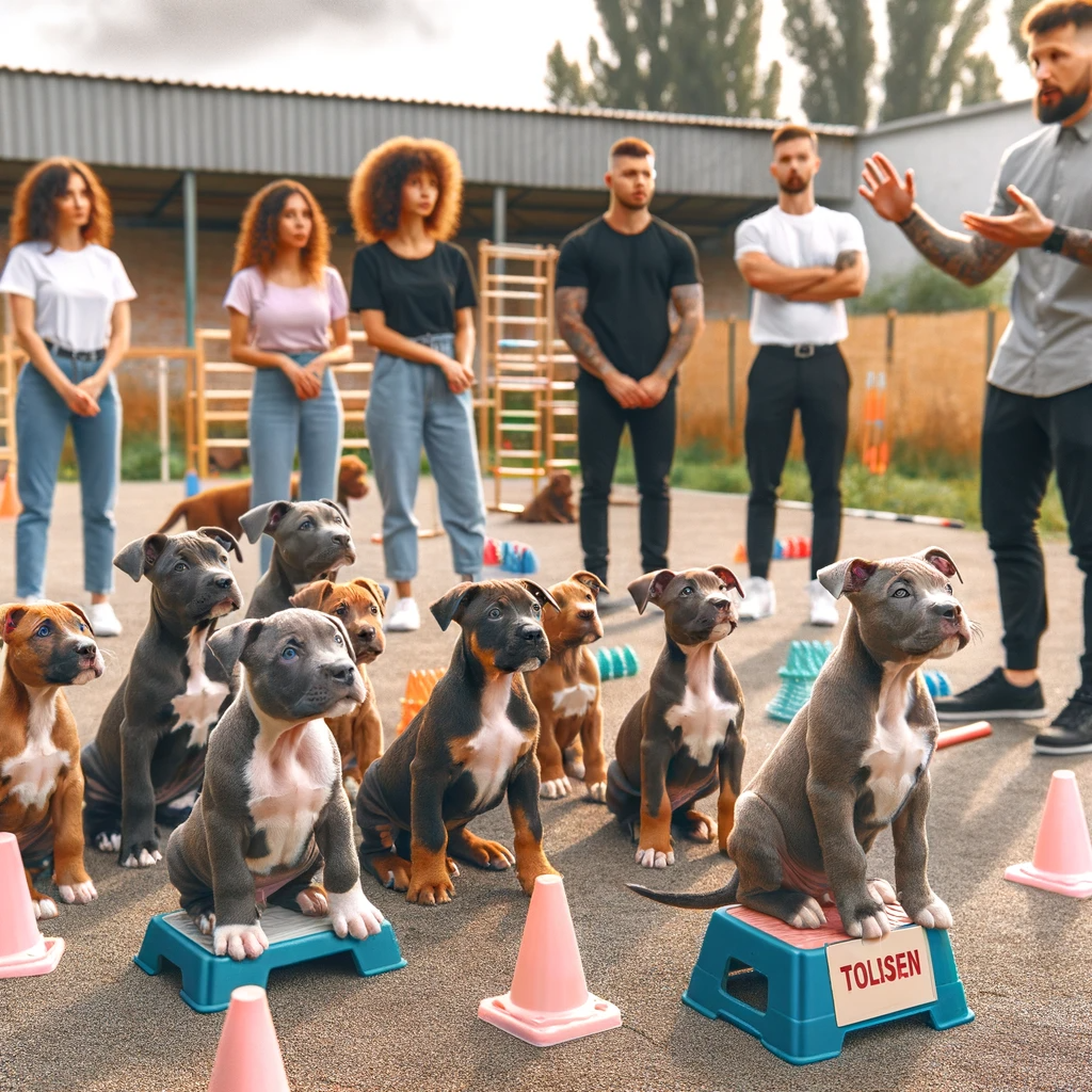 A group of pitbull puppies in a training class