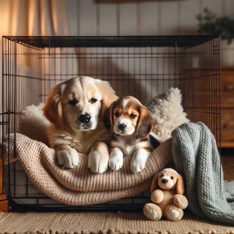 A heartwarming image of two puppies snuggled together in a large crate highlighting their bond