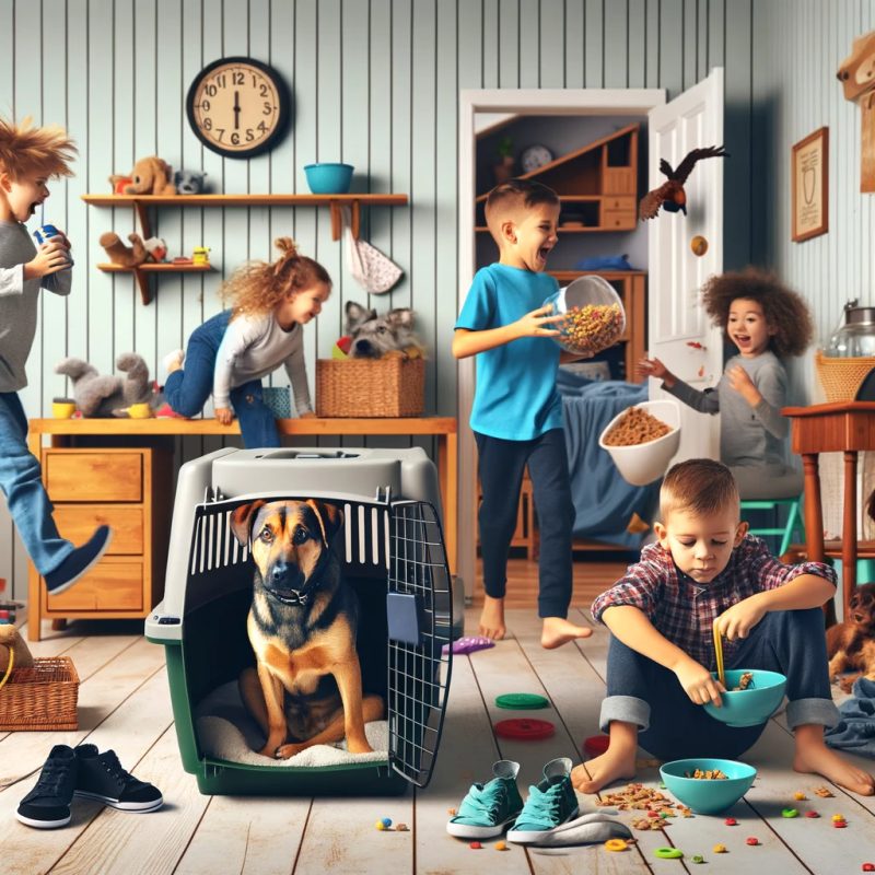 A humorous illustration showing a chaotic morning routine in a household with kids and dogs