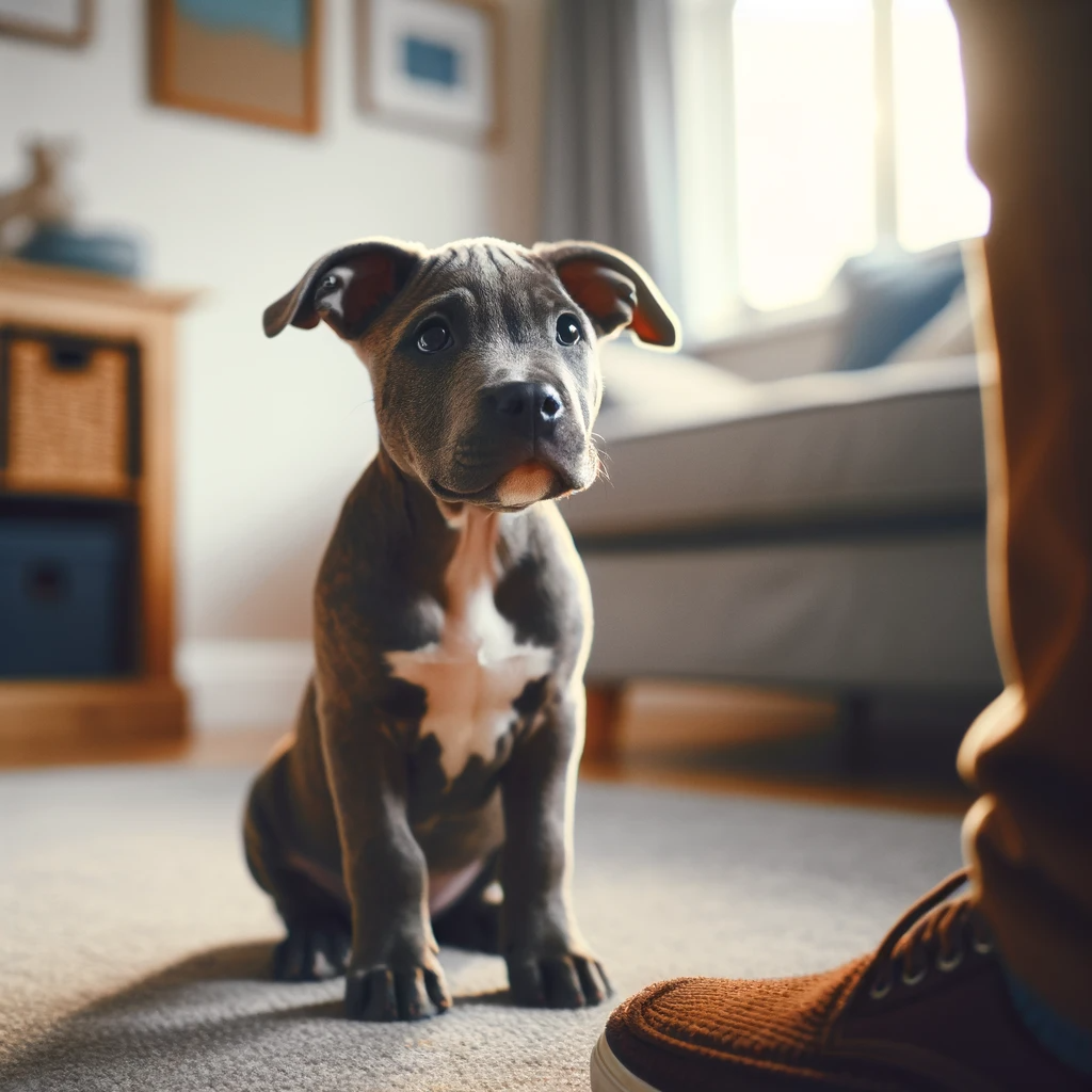 A pitbull puppy during a training session at home