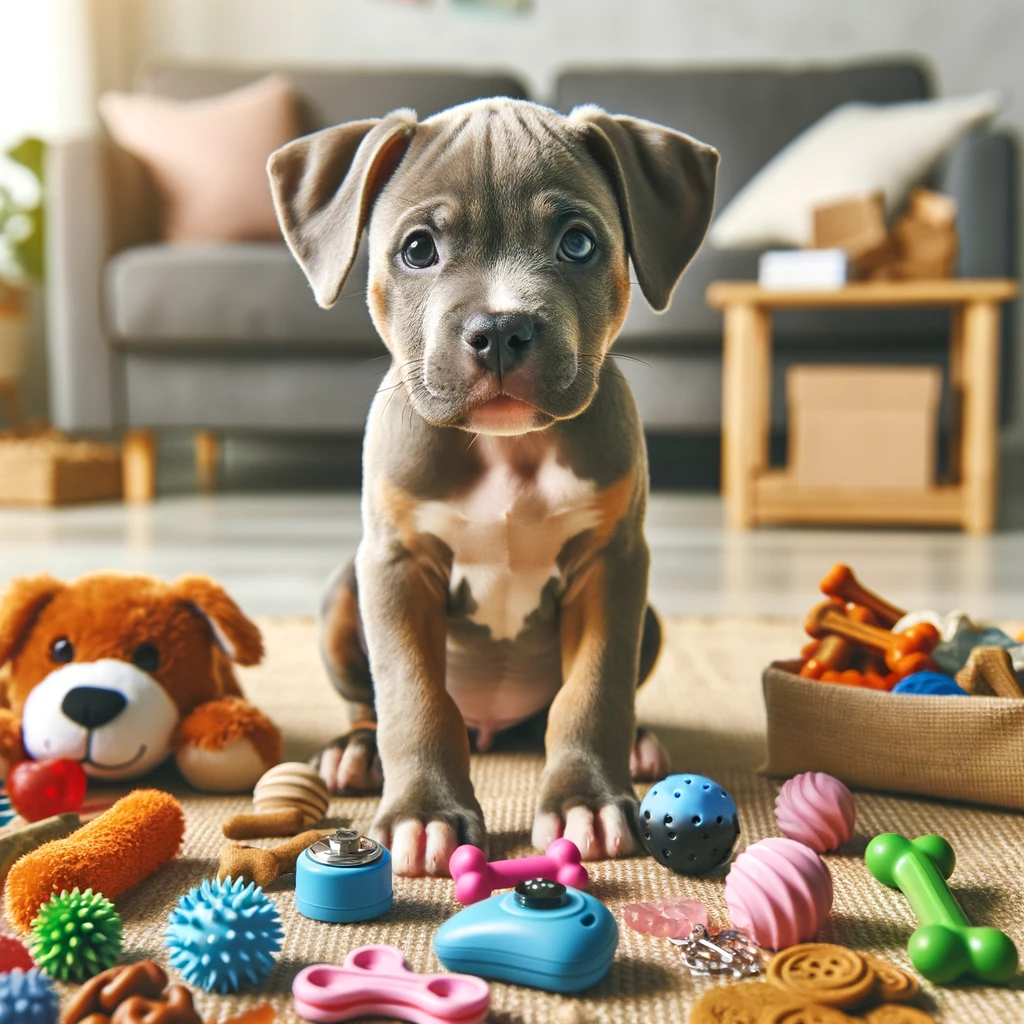 A pitbull puppy surrounded by training aids