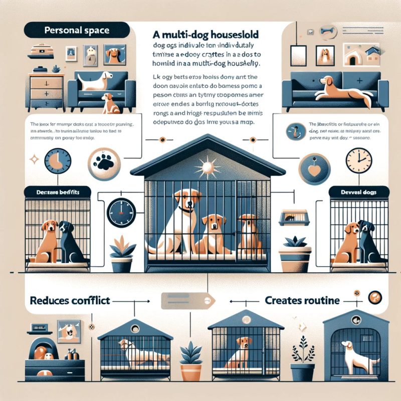 An infographic style image illustrating the benefits of individual crates for dogs in a multi dog household