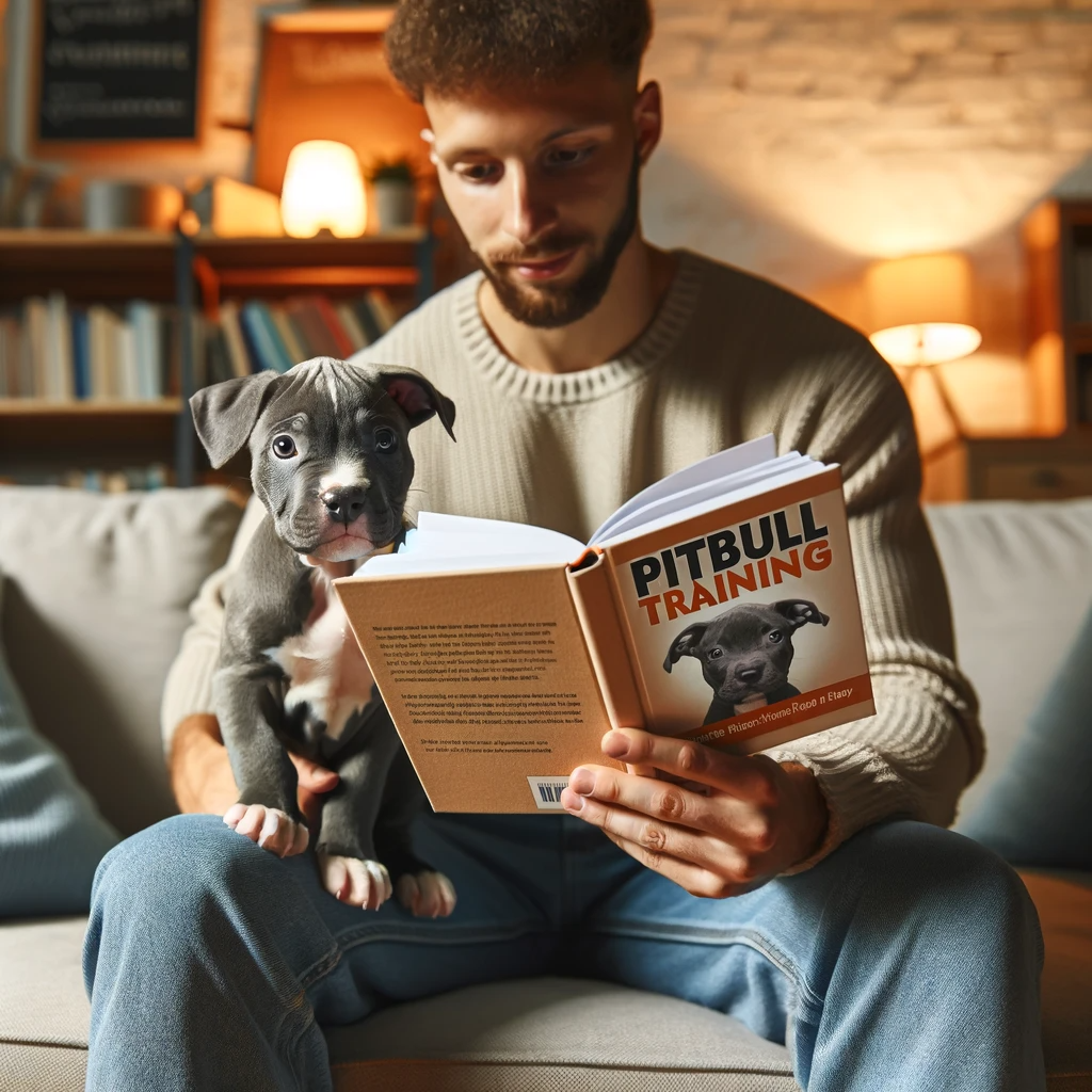 An owner reading a pitbull training book