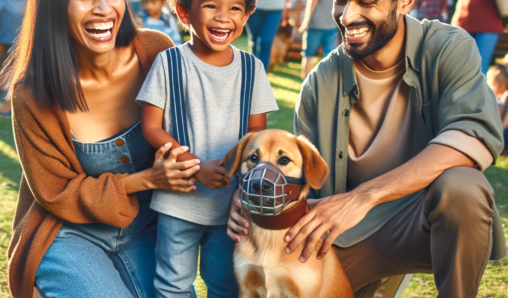 Happy Family in a Park with a Muzzled Dog