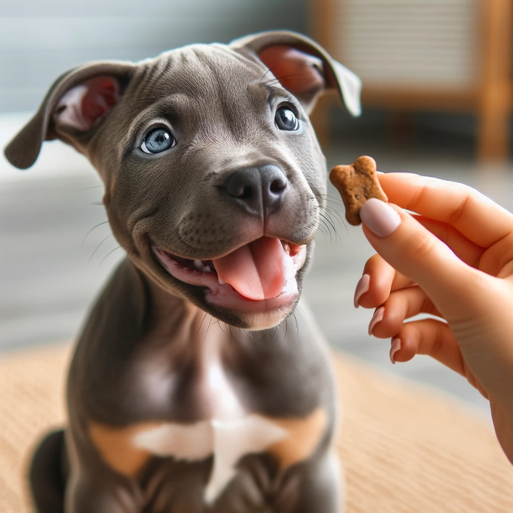 Happy Pitbull Puppy Receiving a Treat