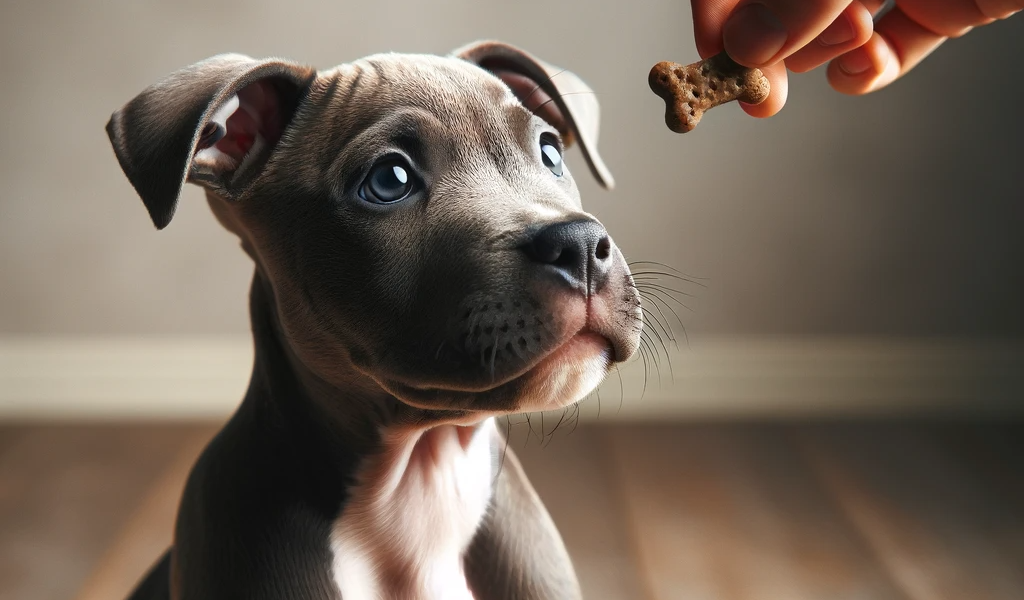 Pitbull Puppy Focused on a Treat