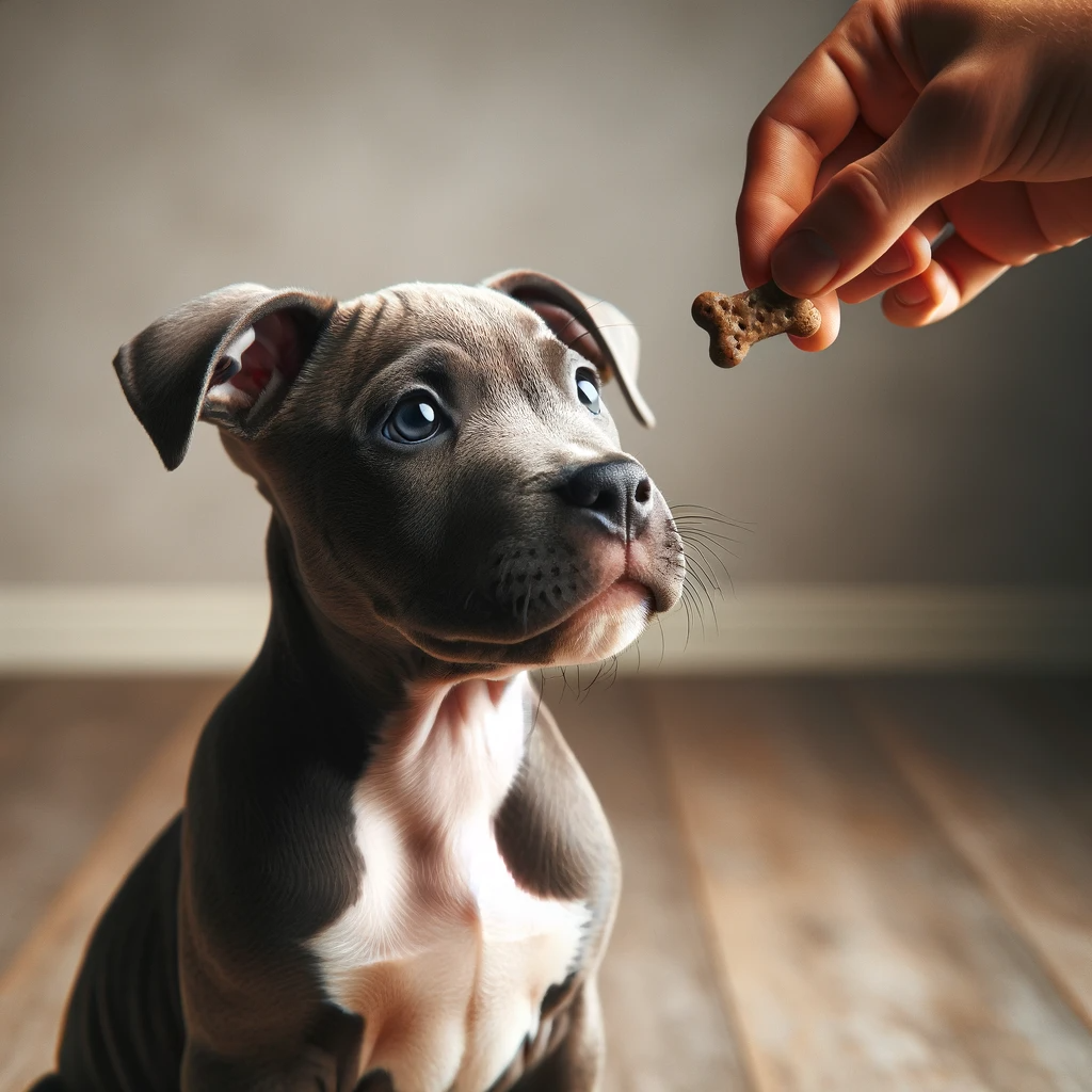 Pitbull Puppy Focused on a Treat